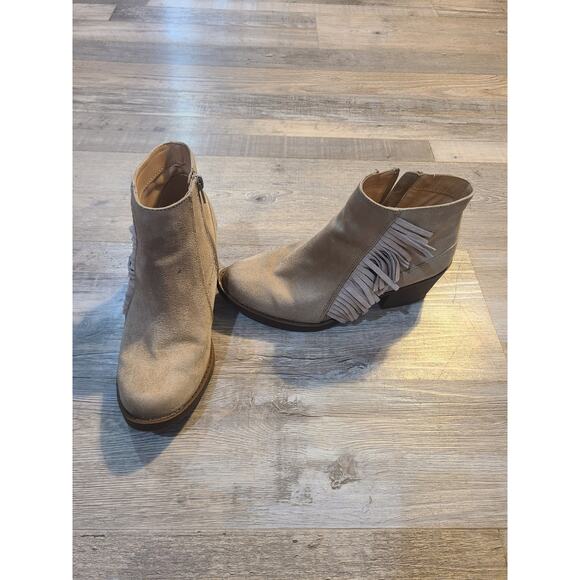 JustFab Ankle Booties, Size 6.5, Taupe color with fringe on the side. - Picture 1 of 9